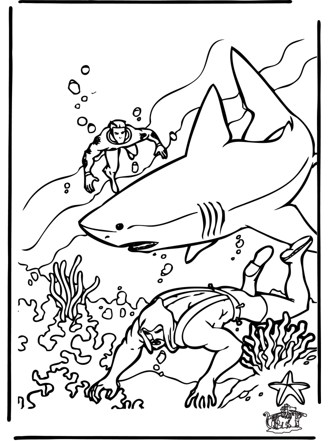Diver and shark - Fargeleggingstegning havet