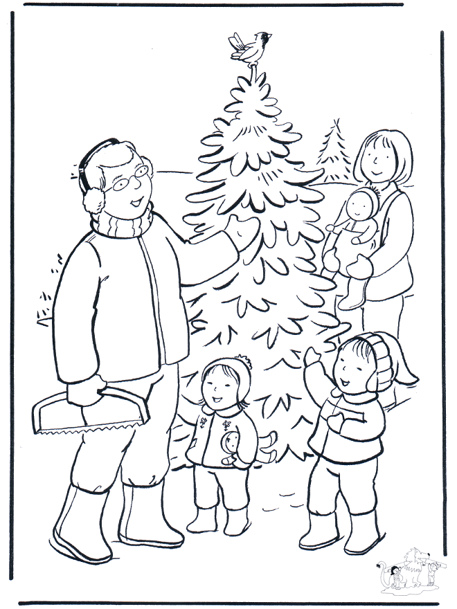 Familie in de sneeuw - Fargeleggingstegninger Jul