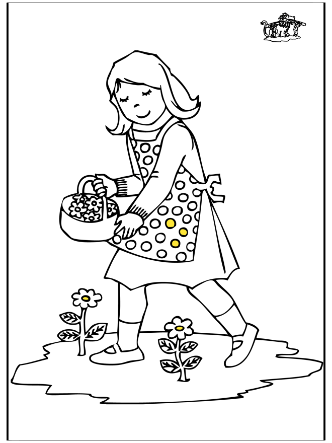 Girl with flowers - Fargeleggingstegning småbarn
