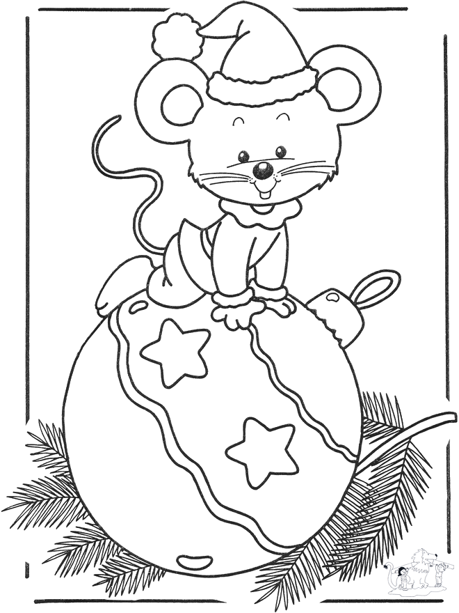 Mouse with bauble - Fargeleggingstegninger vinterdyr