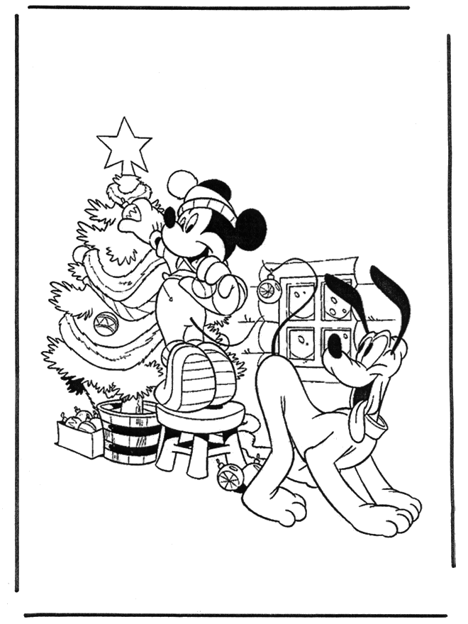 Pluto and Mickey with christmastree - Fargeleggingstegning Mikke Mus