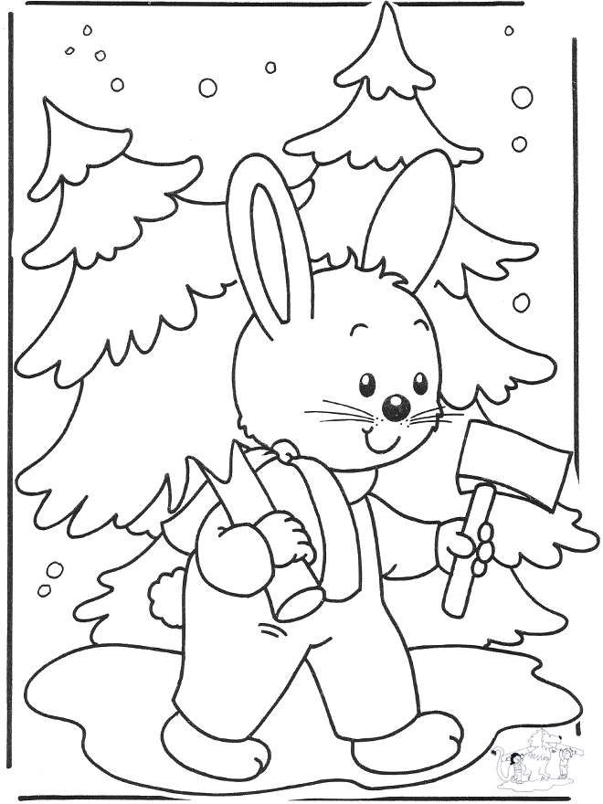 Rabbit in the snow - Fargeleggingstegninger vinterdyr