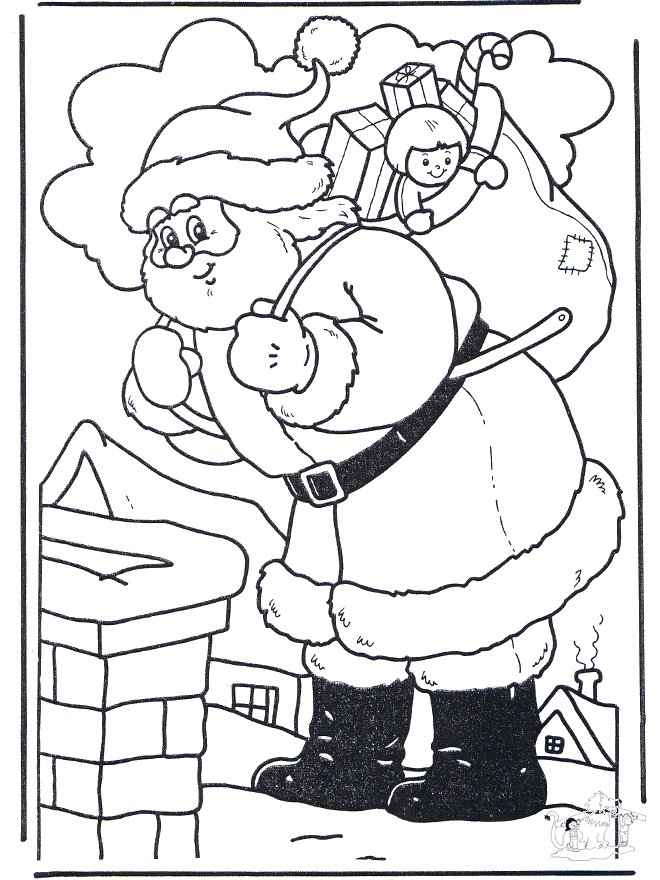 Santa at Chimney - Fargeleggingstegninger Jul