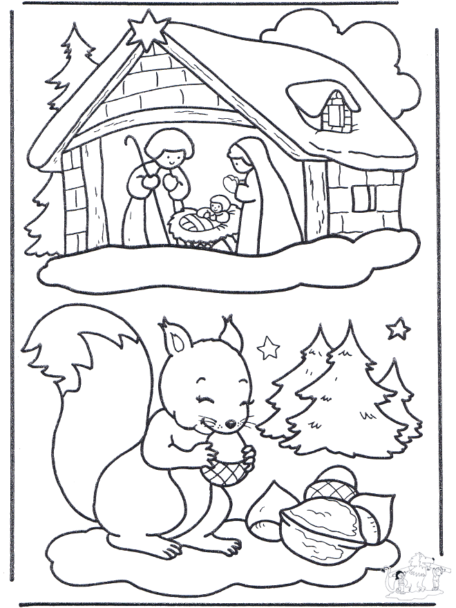 Squirrel and manger - Fargeleggingstegninger Jul